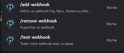Liste des commandes discord pour les webhooks